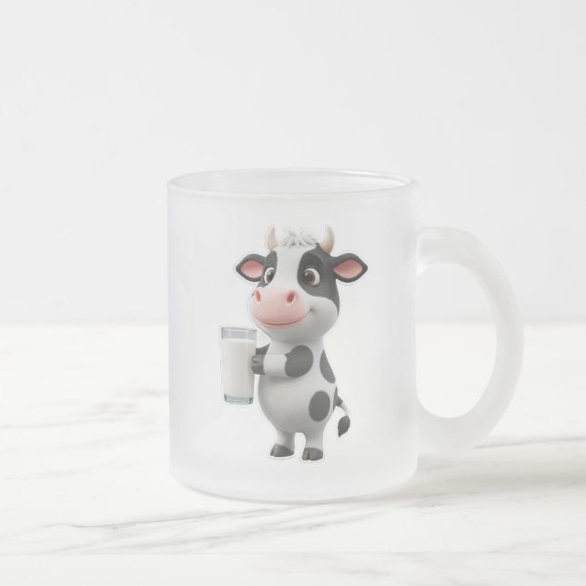 Cute Cartoon Cow Drinking Milk From Glass Mattglastasse (Rechts)
