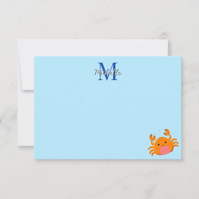 Cute Cartoon Crab Blue Ocean Lined Custom Mitteilungskarte (Vorderseite)