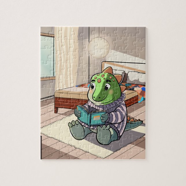 Cute Cartoon Dinosaur Reading Jigsaw Puzzle (Vertikal)