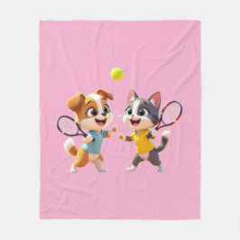 Cute Cartoon Dog and Cat Playing Padel Tennis – Fu Fleecedecke