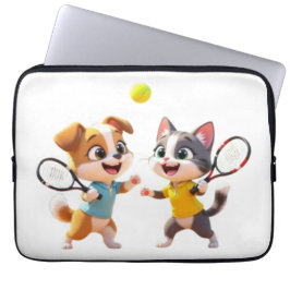 Cute Cartoon Dog and Cat Playing Padel Tennis – Fu Laptopschutzhülle