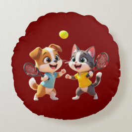 Cute Cartoon Dog and Cat Playing Padel Tennis – Fu Rundes Kissen