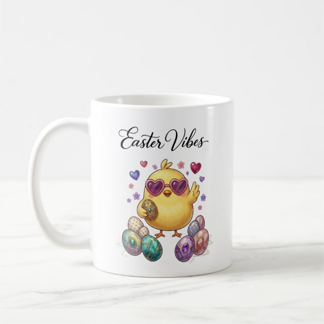 Cute Cartoon Easter Chick with Pastel Eggs Heart Kaffeetasse (Links)