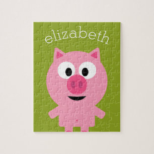 Cute Cartoon Farm Pig - Pink and Lime Green Puzzle