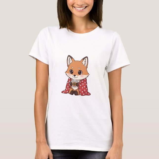 Cute Cartoon Fox Wrapped in Red Polka Dot Blanket  T-Shirt (Vorderseite)