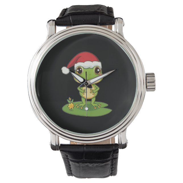 Cute Cartoon Frog Character Wearing a Santa Hat on Armbanduhr (Vorderseite)