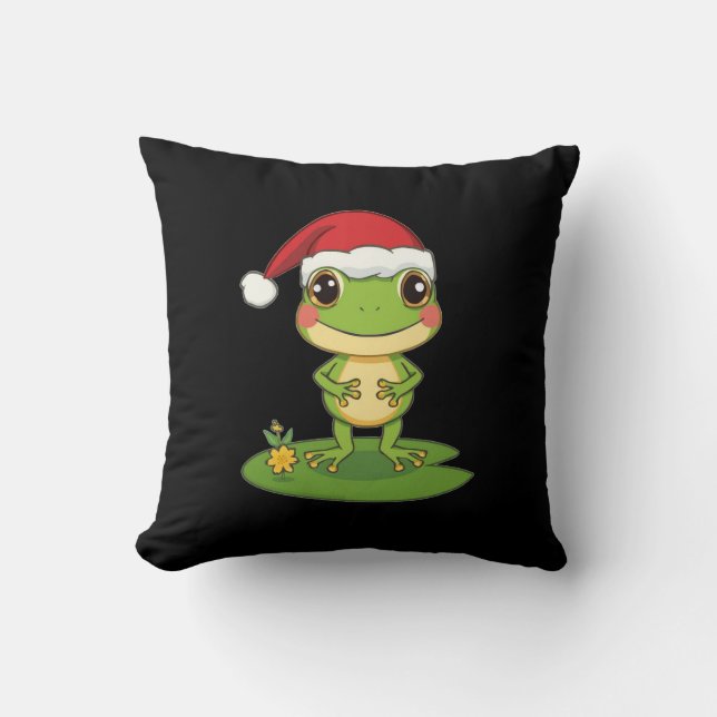 Cute Cartoon Frog Character Wearing a Santa Hat on Kissen (Vorderseite)
