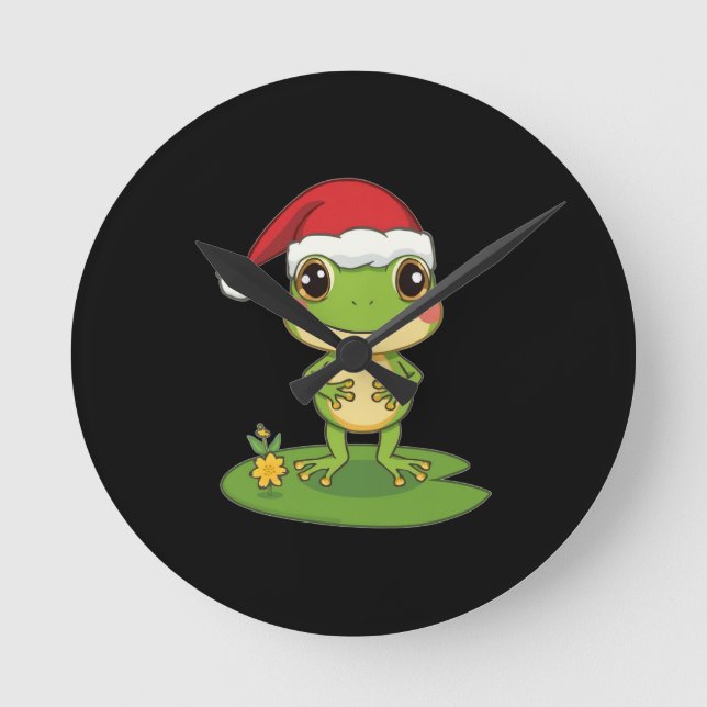 Cute Cartoon Frog Character Wearing a Santa Hat on Runde Wanduhr (Vorderseite)