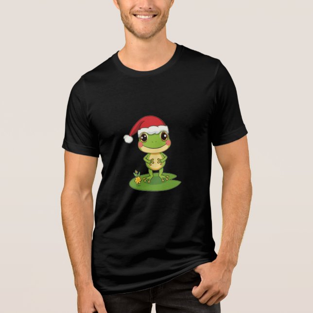 Cute Cartoon Frog Character Wearing a Santa Hat on Tri-Blend Shirt (Vorderseite)