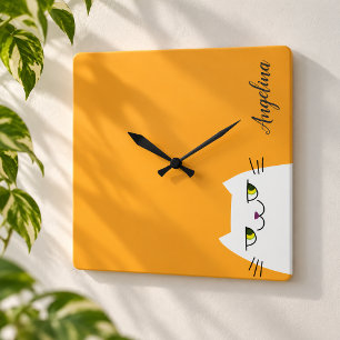 Cute Cartoon Funny White Cat Monogram Yellow Quadratische Wanduhr