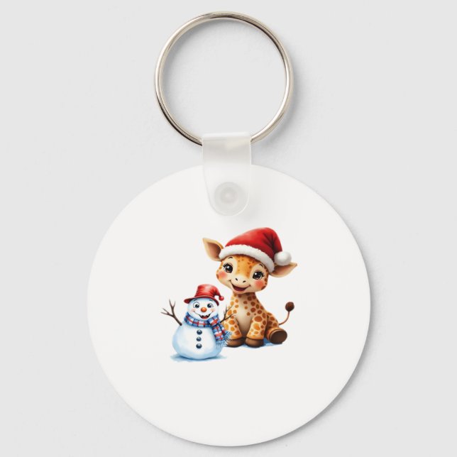 Cute Cartoon Giraffe with Santa Hat & Snowman Clas Schlüsselanhänger (Vorderseite)