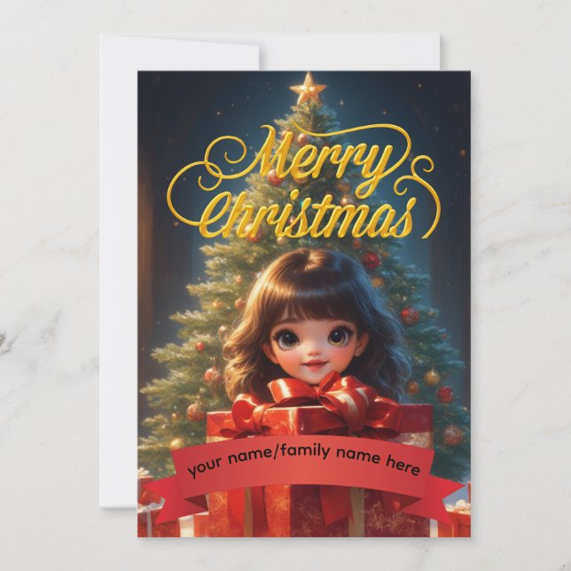 Cute Cartoon Girl Custom Red Ribbon Christmas Card (Vorderseite)