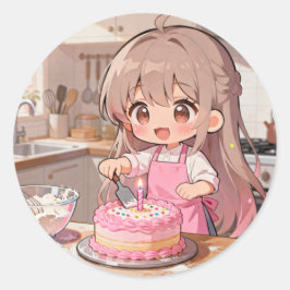 Cute Cartoon Girl Making a Cake Runder Aufkleber