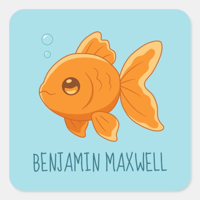 Cute Cartoon Goldfish on Blue Custom Name Quadratischer Aufkleber (Vorderseite)