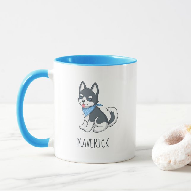Cute Cartoon Husky Puppy Dog Custom Name Tasse (Mit Donut)