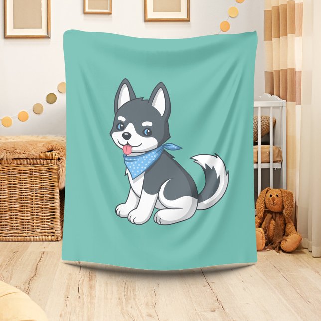 Cute Cartoon Husky Puppy Dog on Green Fleecedecke (Von Creator hochgeladen)