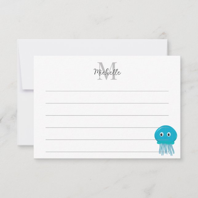 Cute Cartoon Jellyfish Custom Lined Monogram Mitteilungskarte (Vorderseite)