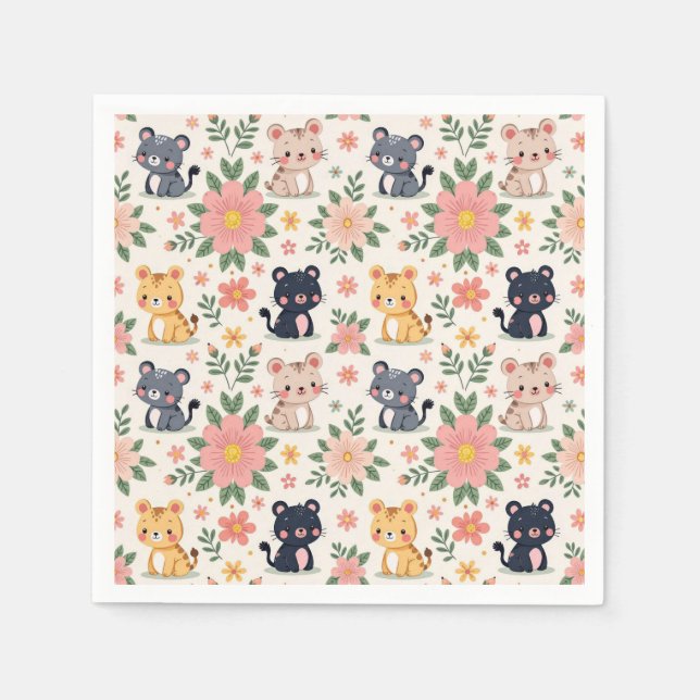 Cute Cartoon Jungle Cats and Flowers Serviette (Vorderseite)
