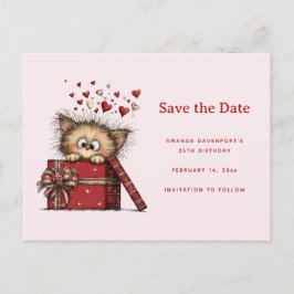 Cute Cartoon Kitten in a Box with Hearts Ankündigungspostkarte