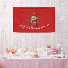 Cute Cartoon Kitten in a Box with Hearts Birthday Banner