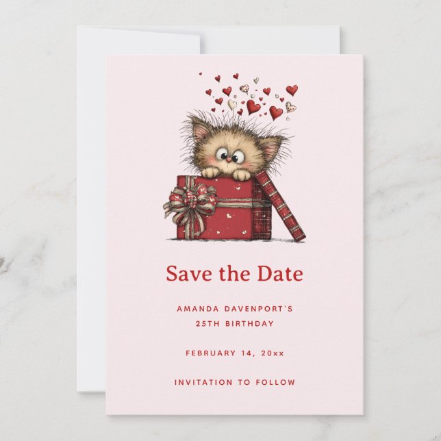 Cute Cartoon Kitten in a Box with Hearts Birthday Save The Date (Vorderseite)