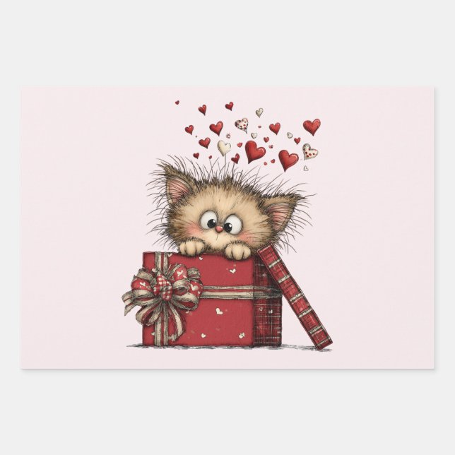 Cute Cartoon Kitten in a Box with Hearts Geschenkpapier Set (Vorderseite)
