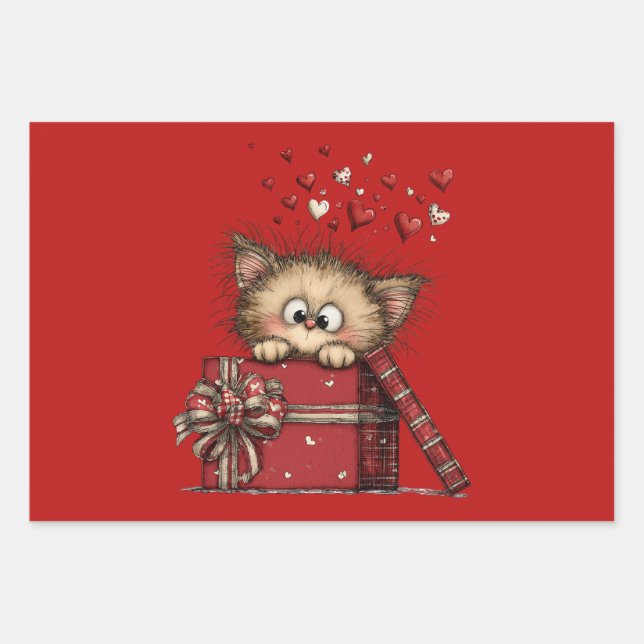 Cute Cartoon Kitten in a Box with Hearts Geschenkpapier Set (Vorderseite)