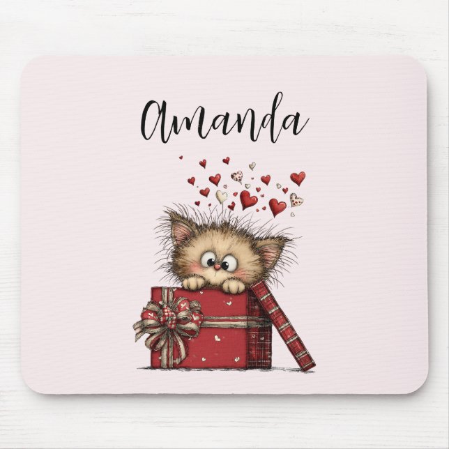 Cute Cartoon Kitten in a Box with Hearts Mousepad (Vorne)