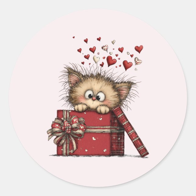 Cute Cartoon Kitten in a Box with Hearts Runder Aufkleber (Vorderseite)