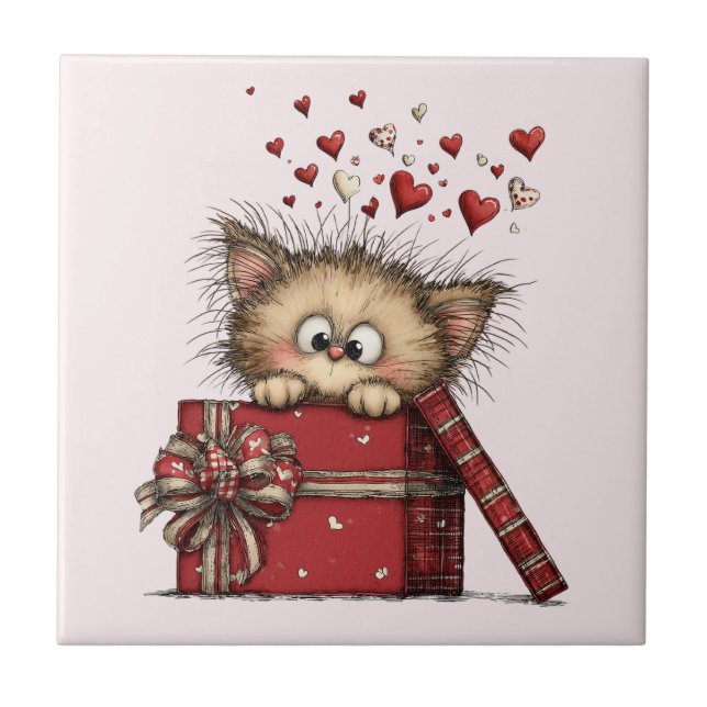 Cute Cartoon Kitten with Hearts Fliese (Vorderseite)