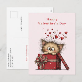 Cute Cartoon Kitten with Hearts Valentine's Day Feiertagspostkarte
