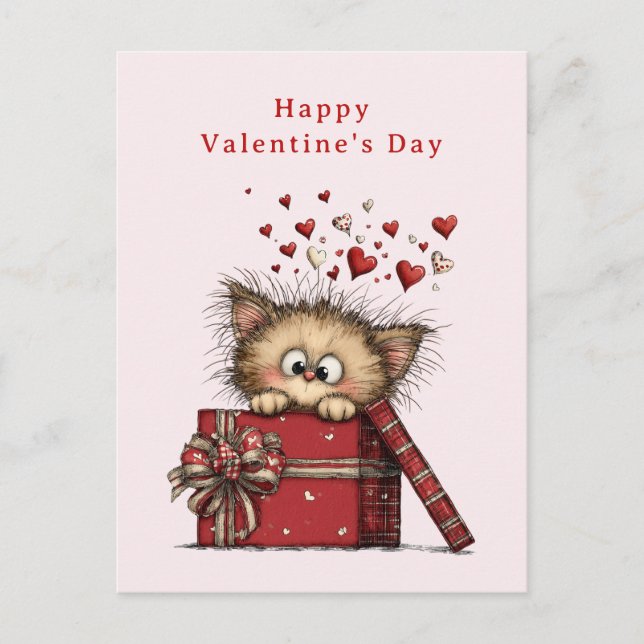 Cute Cartoon Kitten with Hearts Valentine's Day Feiertagspostkarte (Vorderseite)