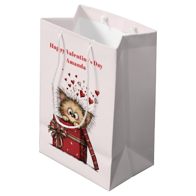 Cute Cartoon Kitten with Hearts Valentine's Day Mittlere Geschenktüte (Rückseite Schrägansicht)