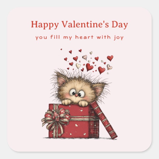 Cute Cartoon Kitten with Hearts Valentine's Day Quadratischer Aufkleber (Vorderseite)