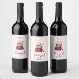 Cute Cartoon Kitten with Hearts Wine Making Weinetikett