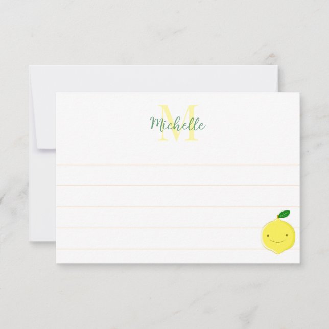Cute Cartoon Lemon Custom Lined Monogram Mitteilungskarte (Vorderseite)