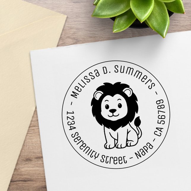 Cute Cartoon Lion Round Address Gummistempel (Von Creator hochgeladen)