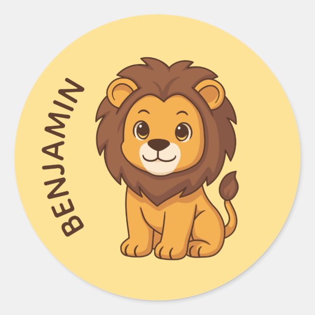 Cute Cartoon Lion Yellow Custom Name Runder Aufkleber (Vorderseite)