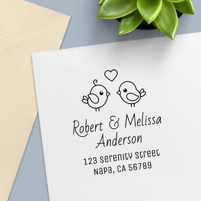 Cute Cartoon Lovebirds Couple Address Permastempel (Von Creator hochgeladen)