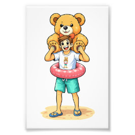 Cute Cartoon Man with Giant Teddy Bear Summer Fun Fotodruck