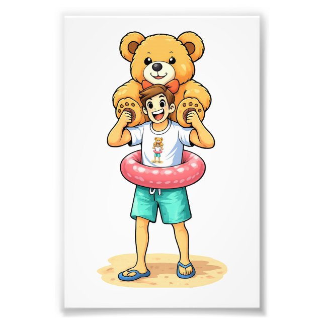 Cute Cartoon Man with Giant Teddy Bear Summer Fun Fotodruck (Vorne)