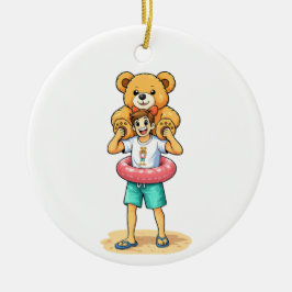 Cute Cartoon Man with Giant Teddy Bear Summer Fun Keramik Ornament