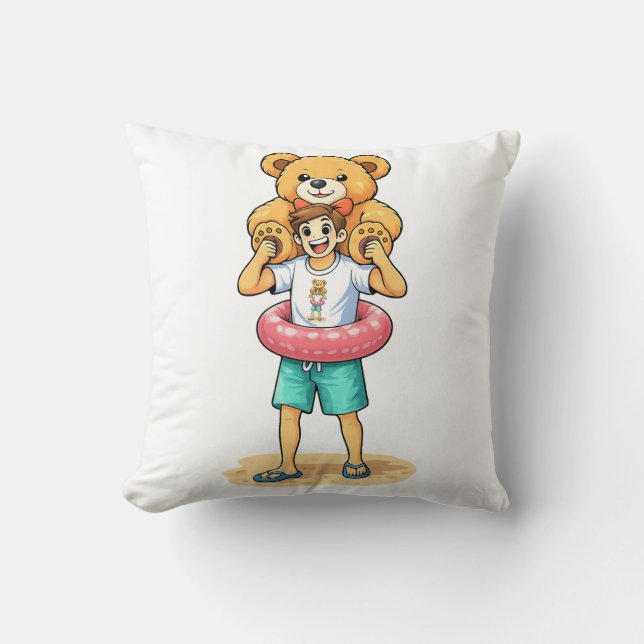 Cute Cartoon Man with Giant Teddy Bear Summer Fun Kissen (Vorderseite)