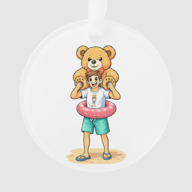 Cute Cartoon Man with Giant Teddy Bear Summer Fun Ornament (Vorderseite)