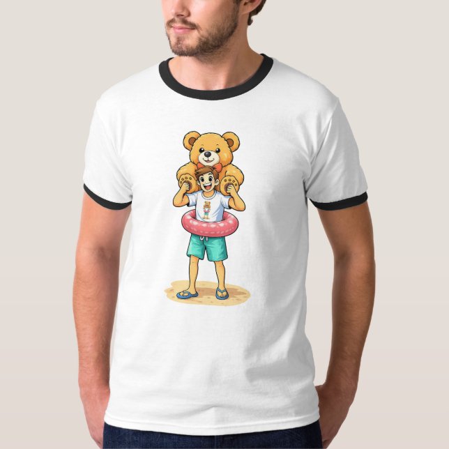 Cute Cartoon Man with Giant Teddy Bear Summer Fun T-Shirt (Vorderseite)