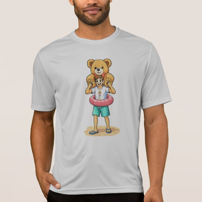 Cute Cartoon Man with Giant Teddy Bear Summer Fun T-Shirt (Vorderseite)