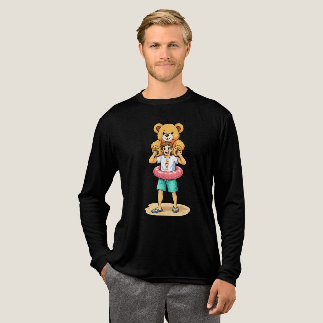 Cute Cartoon Man with Giant Teddy Bear Summer Fun Tri-Blend Shirt (Volle Vorderseite)