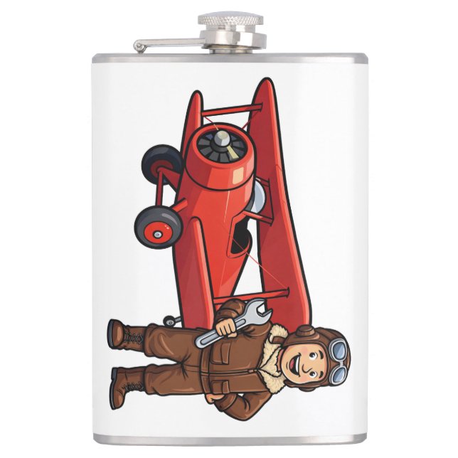 Cute Cartoon Mechanic with Red Car Illustration Flachmann (Vorderseite)