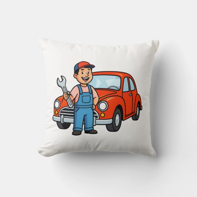Cute Cartoon Mechanic with Red Car Illustration Kissen (Vorderseite)