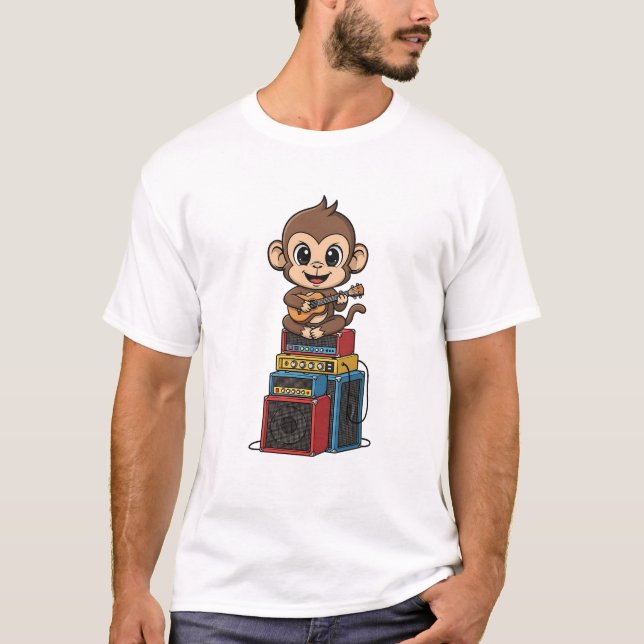 Cute Cartoon Monkey Musician Playing Ukulele T-Shirt (Vorderseite)